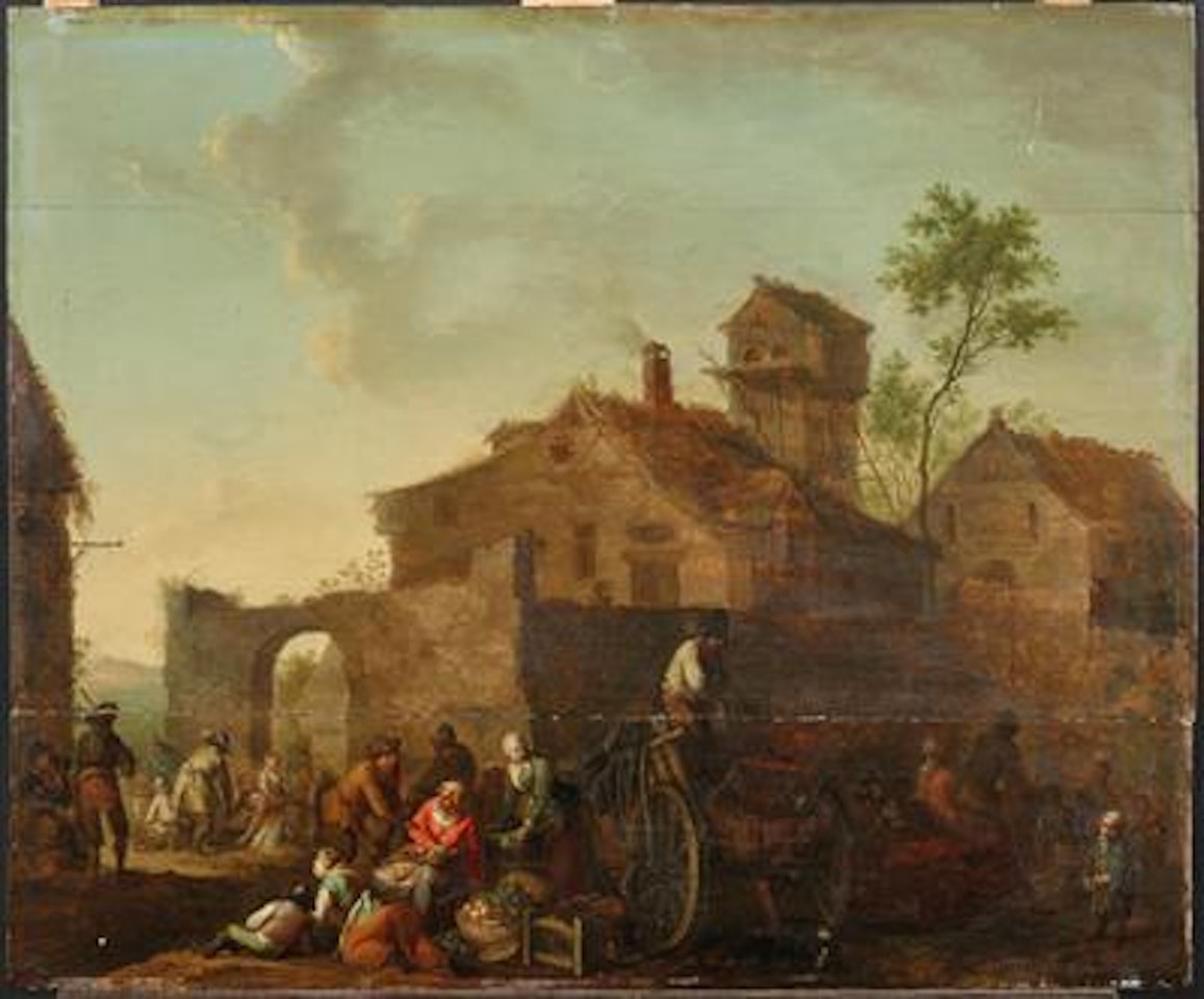A ruinous village with peasants and soldiers by Flemish School
