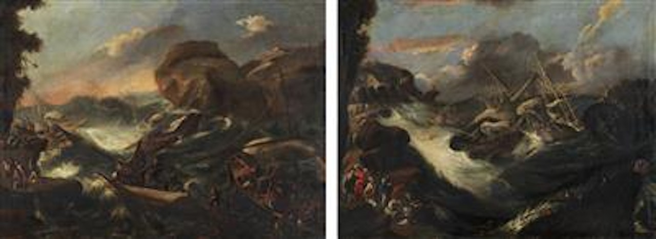 Ships wrecked in storms off rocky coasts by Roman School