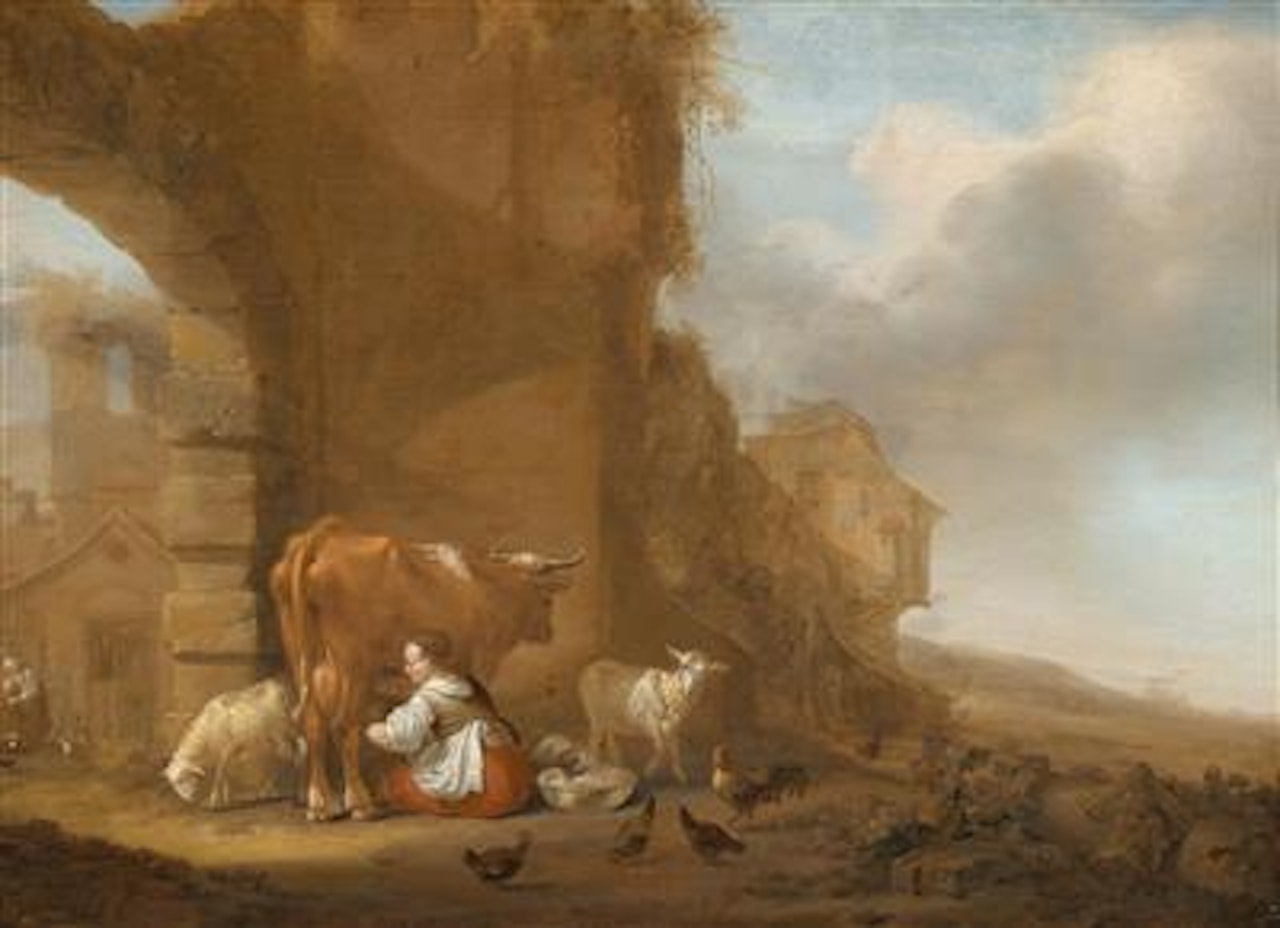 A milkmaid amongst ruins by Nicolaes Pietersz Berchem