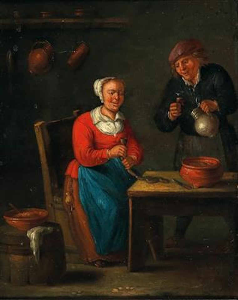 A kitchen interior with a woman making sausages and a man drinking red wine by Flemish School