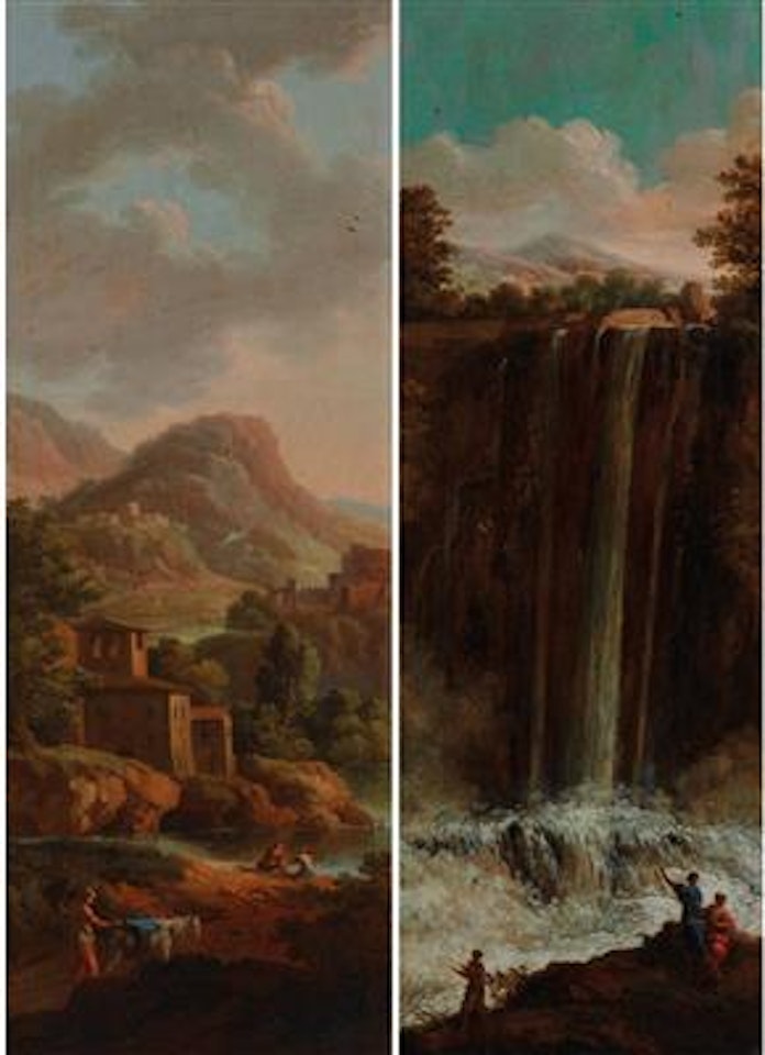 A mountainous river landscape with peasants, buildings beyond; and A waterfall with peasants at rest by Roman School
