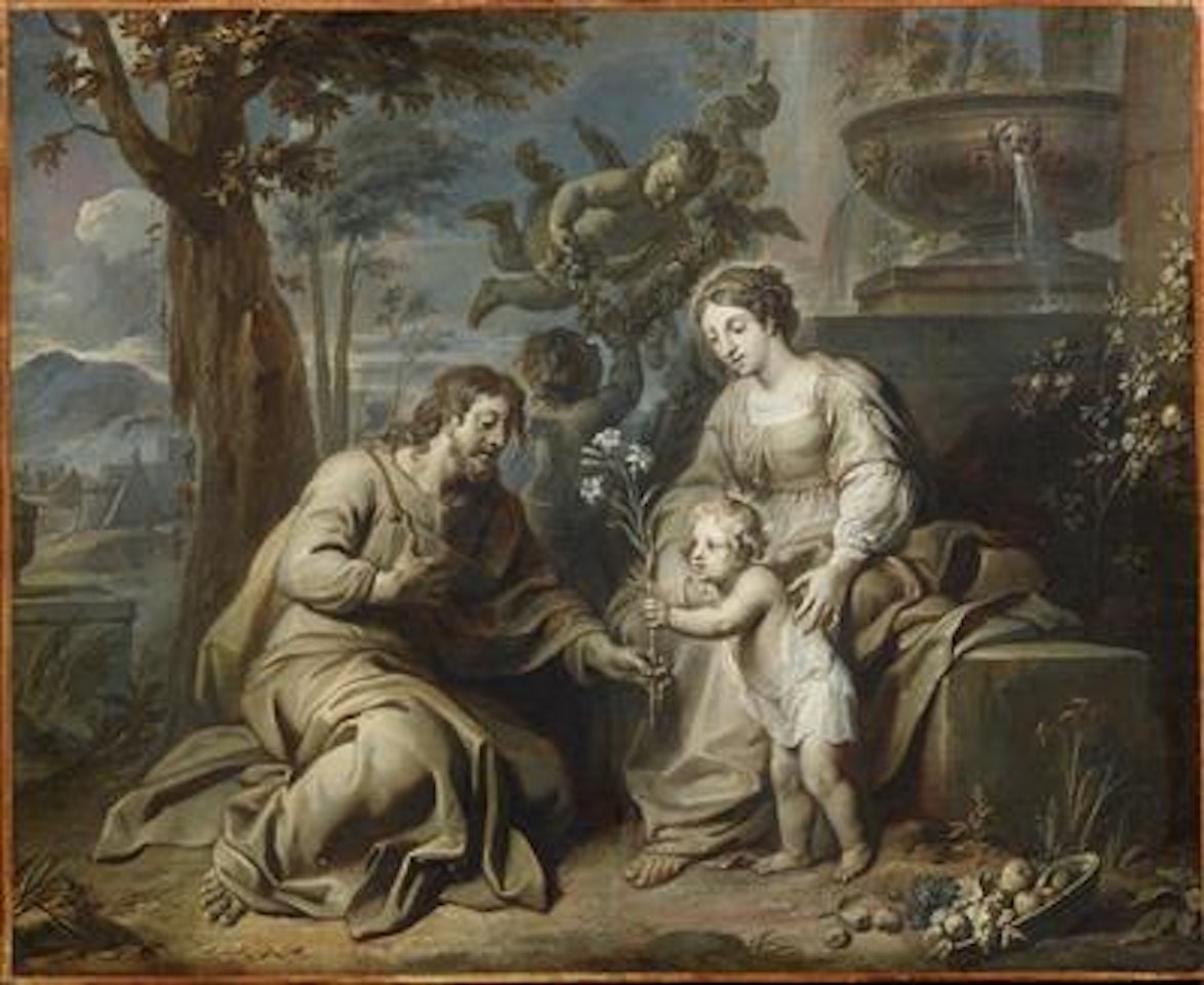 The Holy Family with putti at a fountain, a landscape beyond, en grisaille by French School