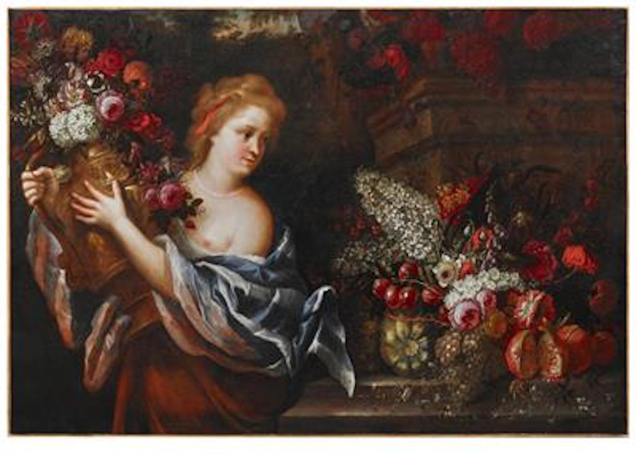 A woman (Flora?) carrying a flower vase besides mixed flowers and fruit on a stone ledge by Flemish School
