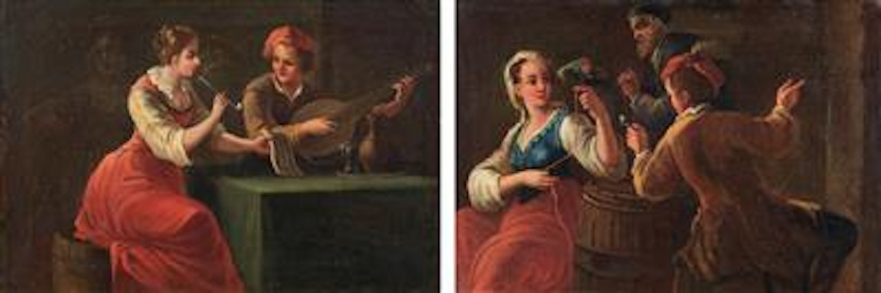 An Allegory of Hearing with a man playing a mandolin; and An Allegory of Hearing with a lady holding a parrot by Neapolitan School