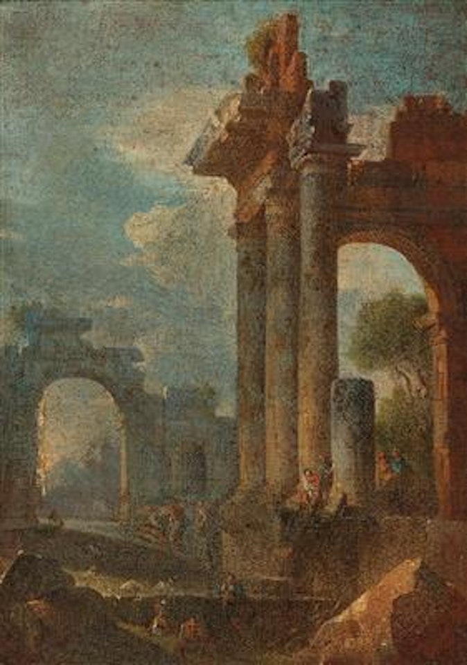 An architectural capriccio with figures amongst ruins by French School