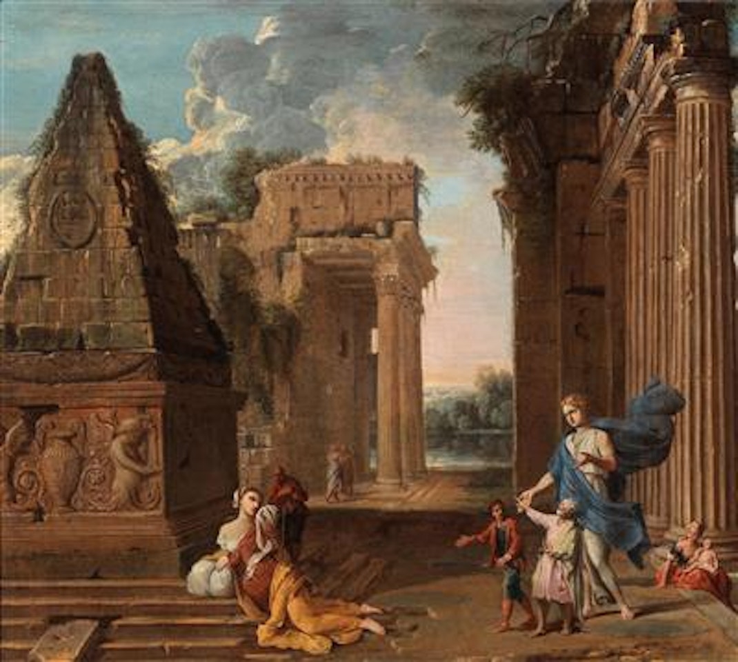 A capriccio with figures amongst ruins by Roman School