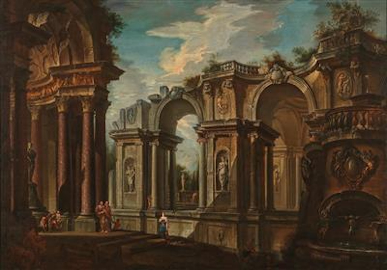 An architectural capriccio with figures by Venetian School