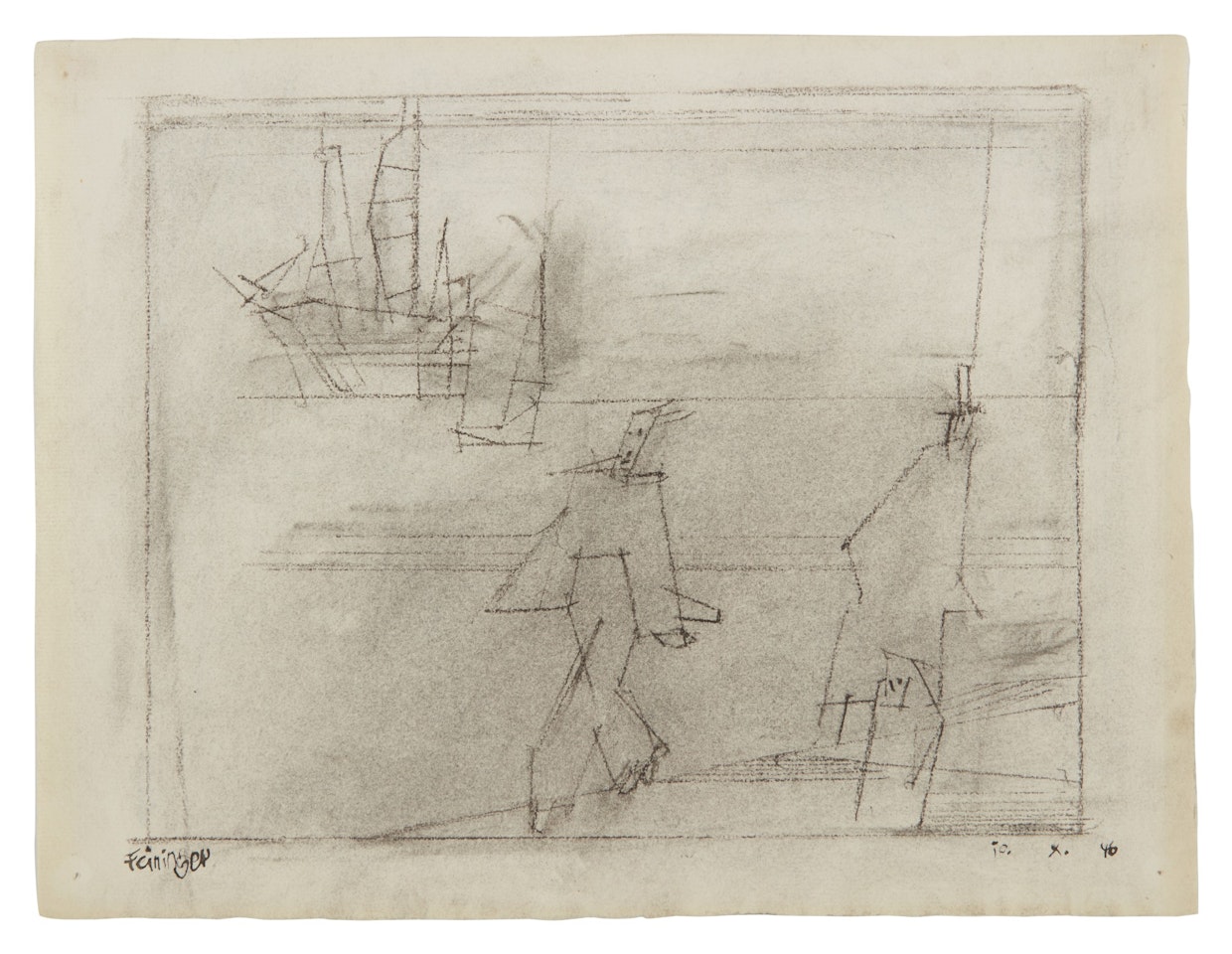 Three Figures on the Shore and Sailing Ships (A Double Sided Work) by Lyonel Feininger