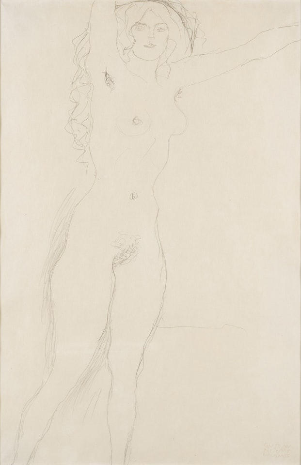 Stehender weiblicher Akt mit langen Haaren und ausgestreckten Armen by Gustav Klimt