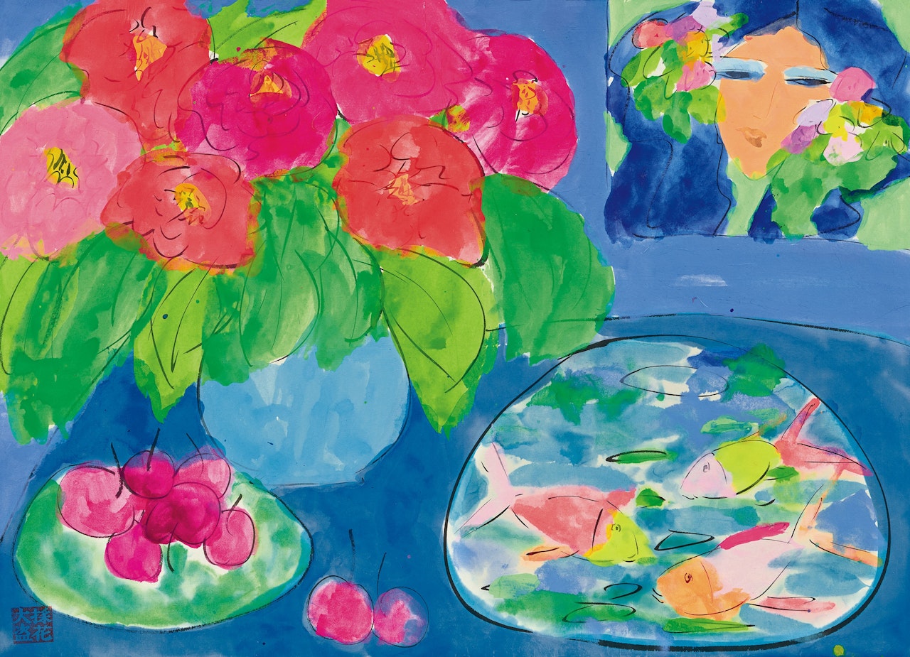 Vase with Portrait, Fruit and Fish by Walasse Ting