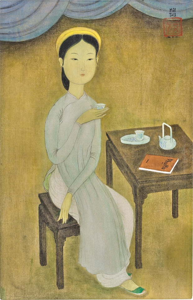 Jeune femme buvant le thé, le livre "Phụ Nữ" (Femmes) posé sur la table (A young woman drinking tea, the book "Phụ Nữ" (Women) placed on the table) by Mai Trung Thu