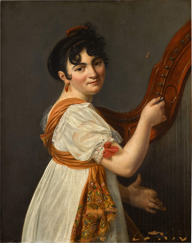 Portrait of a lady, three-quarter-length, tuning a harp by French School