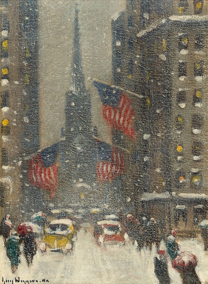 Wall Street View of Old Trinity in Winter by Guy Carleton Wiggins