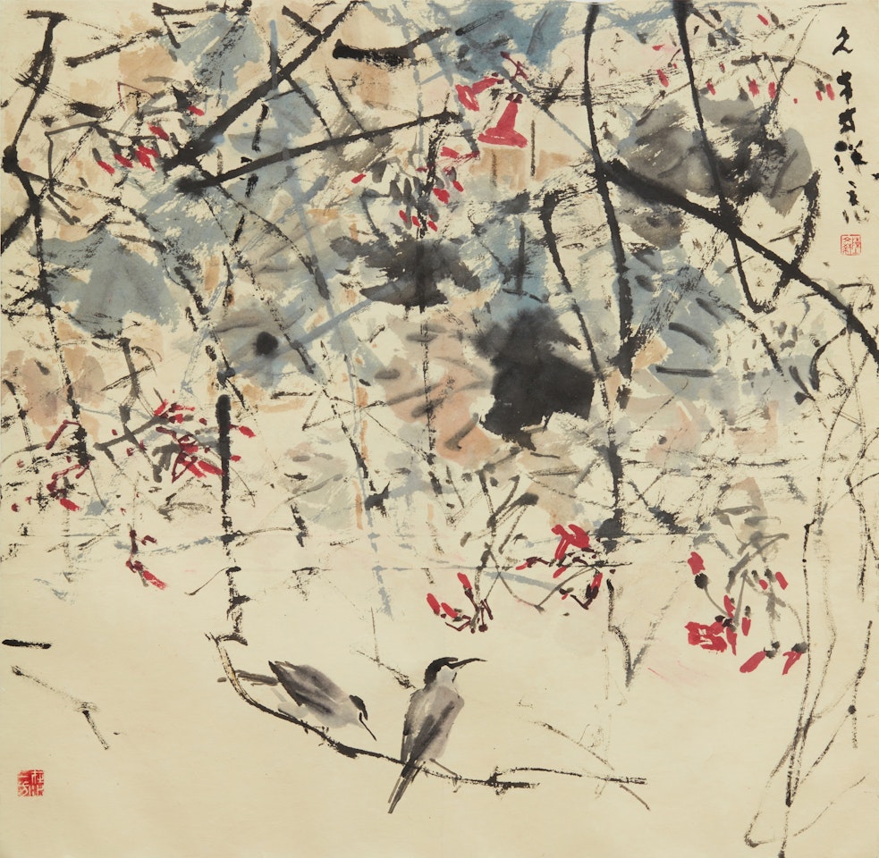 Pair of birds under branches and flowers  by Chen Wen Hsi