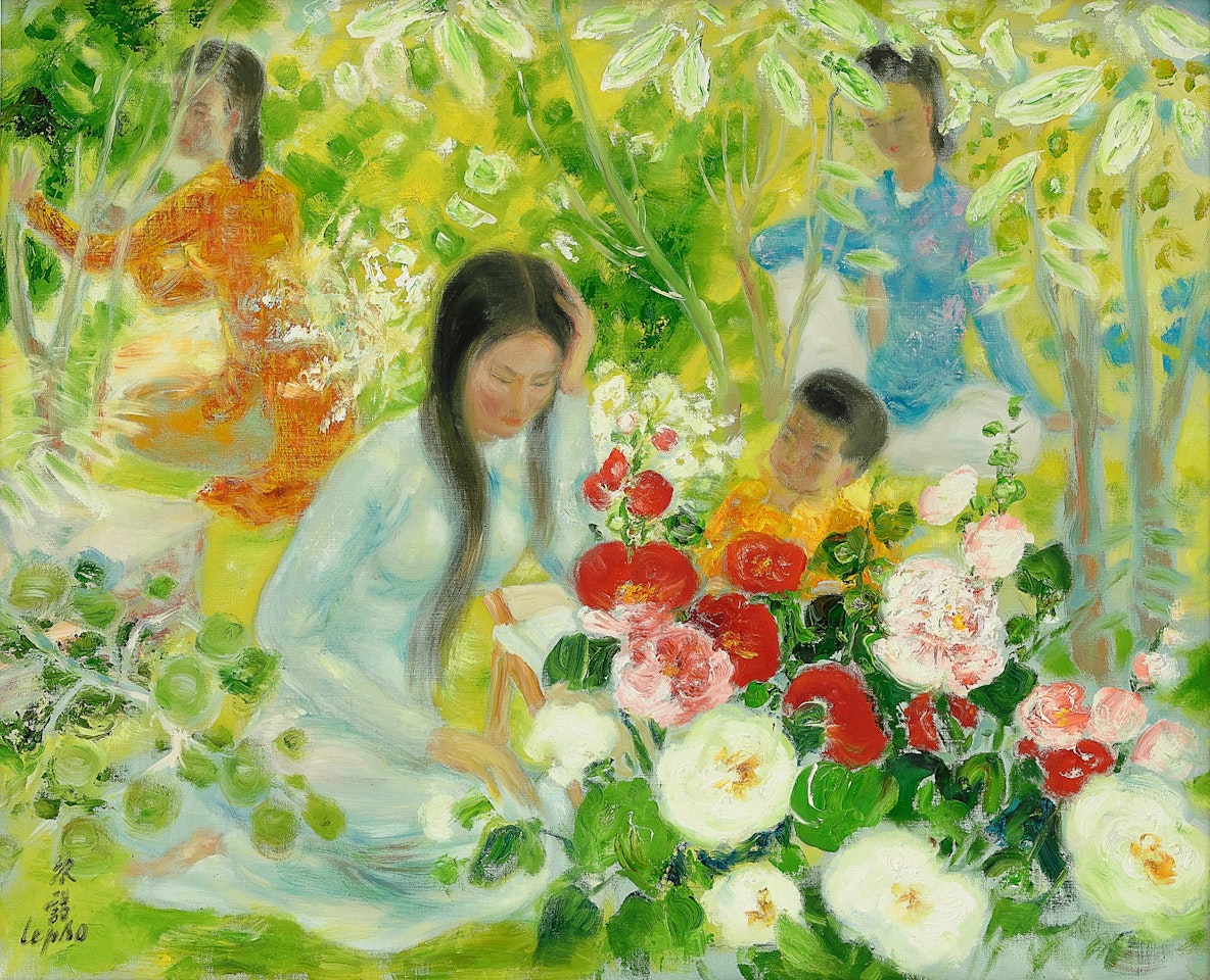 Mother and child with two ladies in the garden  by Le Pho