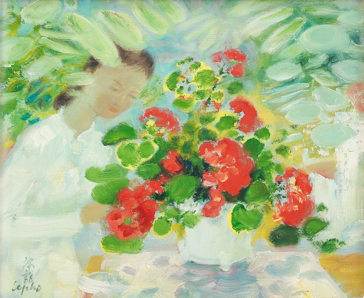 Lady with red flowers by Le Pho