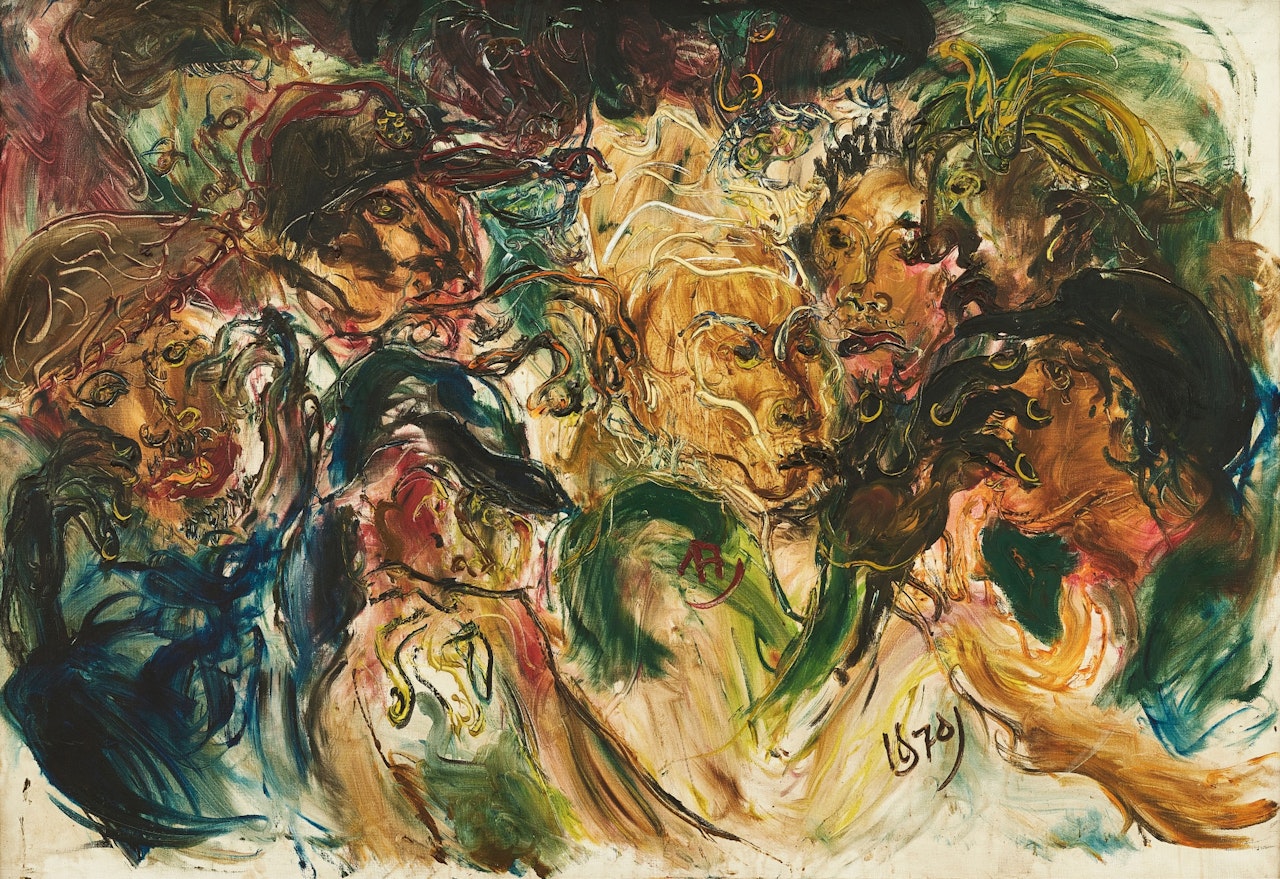 Watchers at a cockfight by Affandi
