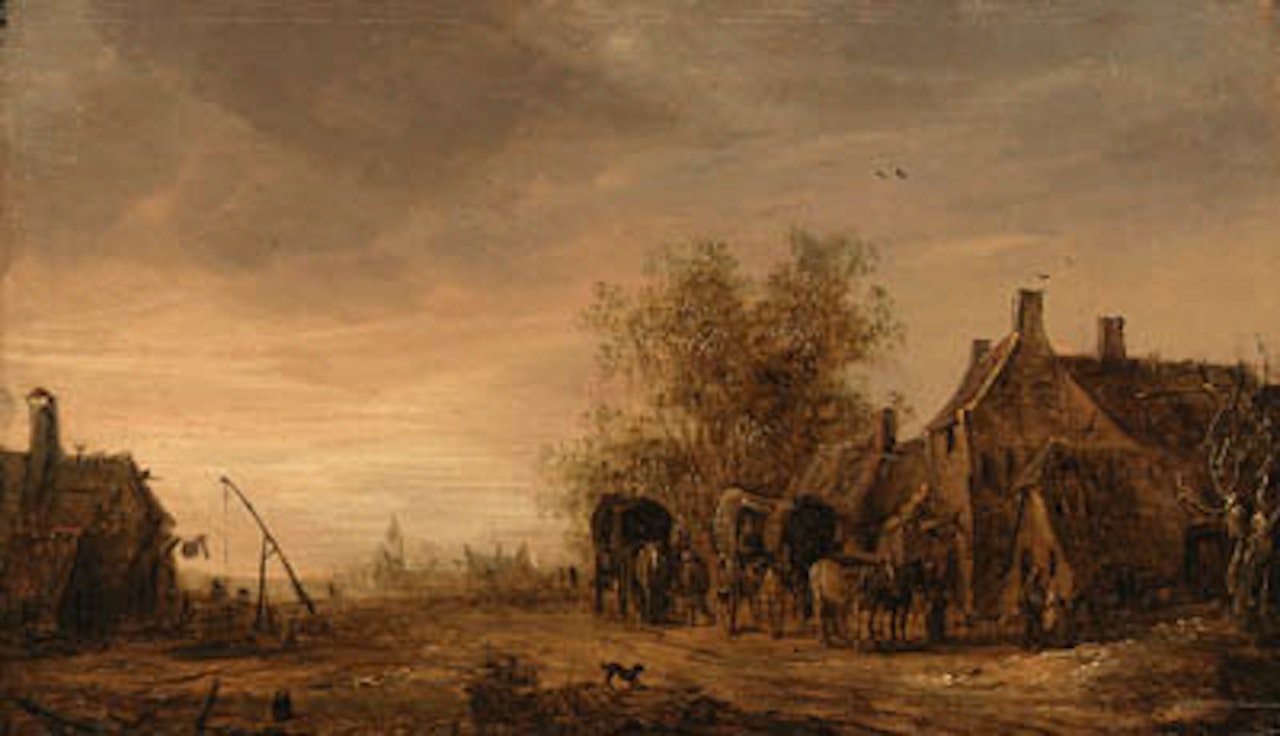 Village of Renkum, travellers in wagons resting by inn by Jan van Goyen