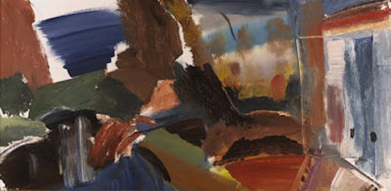 Pond landscape with open door by Ivon Hitchens