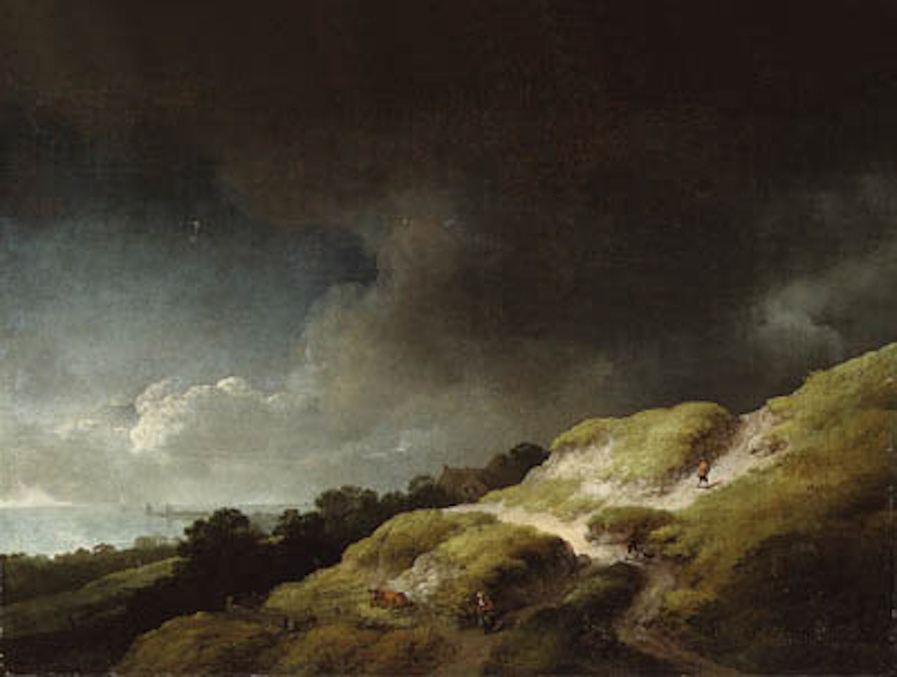 Dune landscape with figures and cow on hillside, stormy sky by Christian Wilhelm Ernst Dietrich
