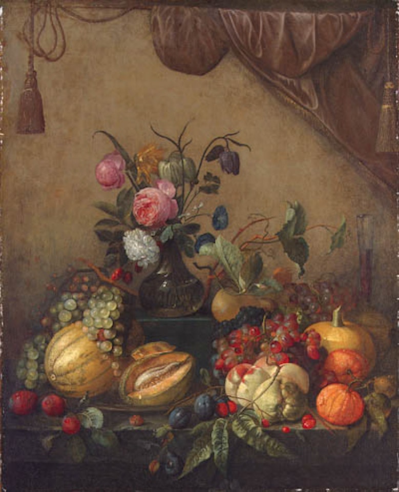 Grapes, melons, plums, peaches, glass of wine, flowers by Jan Davidsz de Heem
