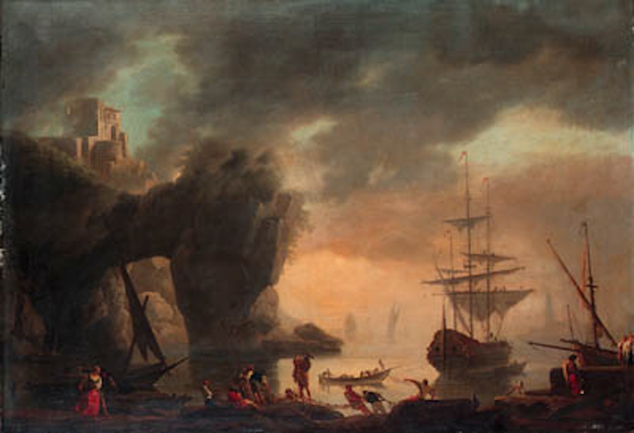 Mediterranean inlet with man-o'-war, fishermen pulling nets by Claude Joseph Vernet