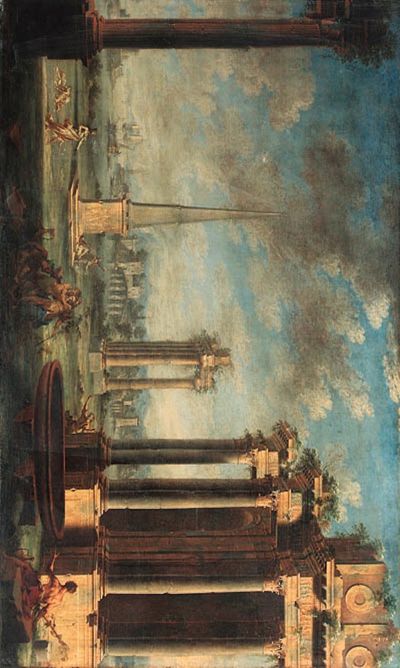 Capriccio of Mediterranean port, Bacchants, classical ruins by Giovanni Ghisolfi
