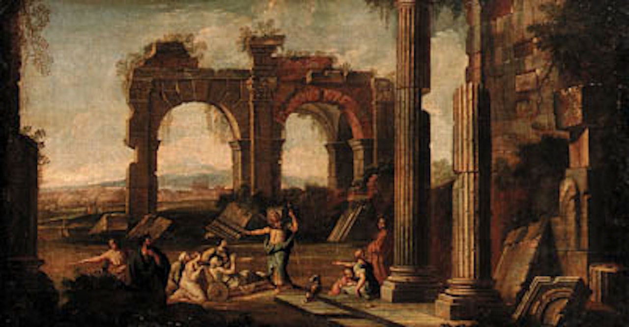 Capriccio of classical ruins, Christ at Pool of Bethesda by Giovanni Ghisolfi