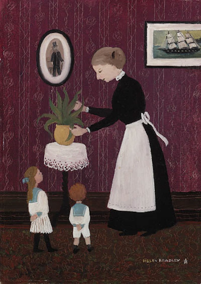 Grandma watering her aspidistra by Helen Bradley
