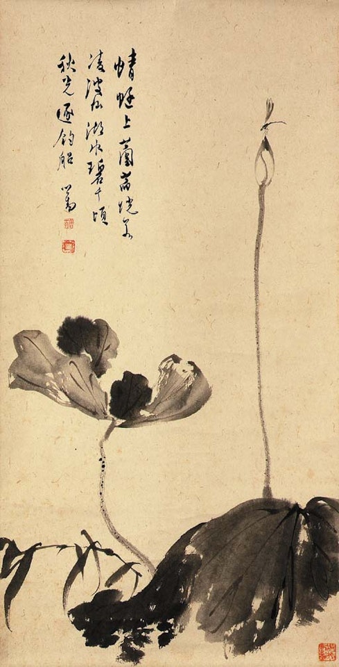 Dragonfly alight on lotus flower by Pu Ru
