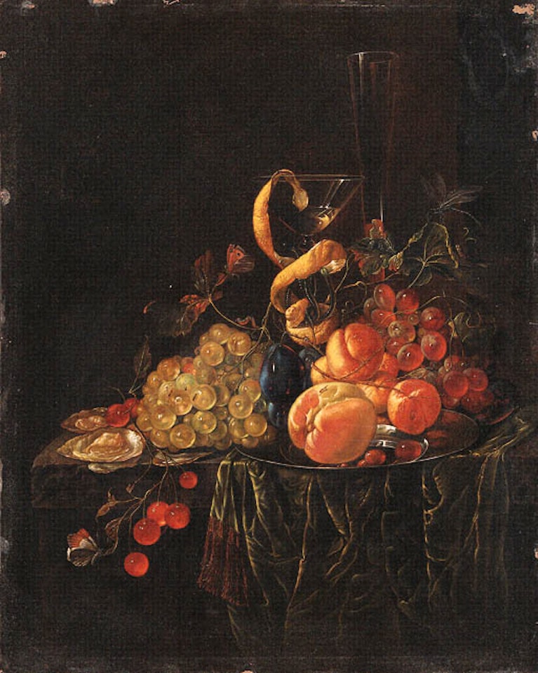 Peaches, grapes and plums on pewter plate, with glasses on ledge by Cornelis de Heem