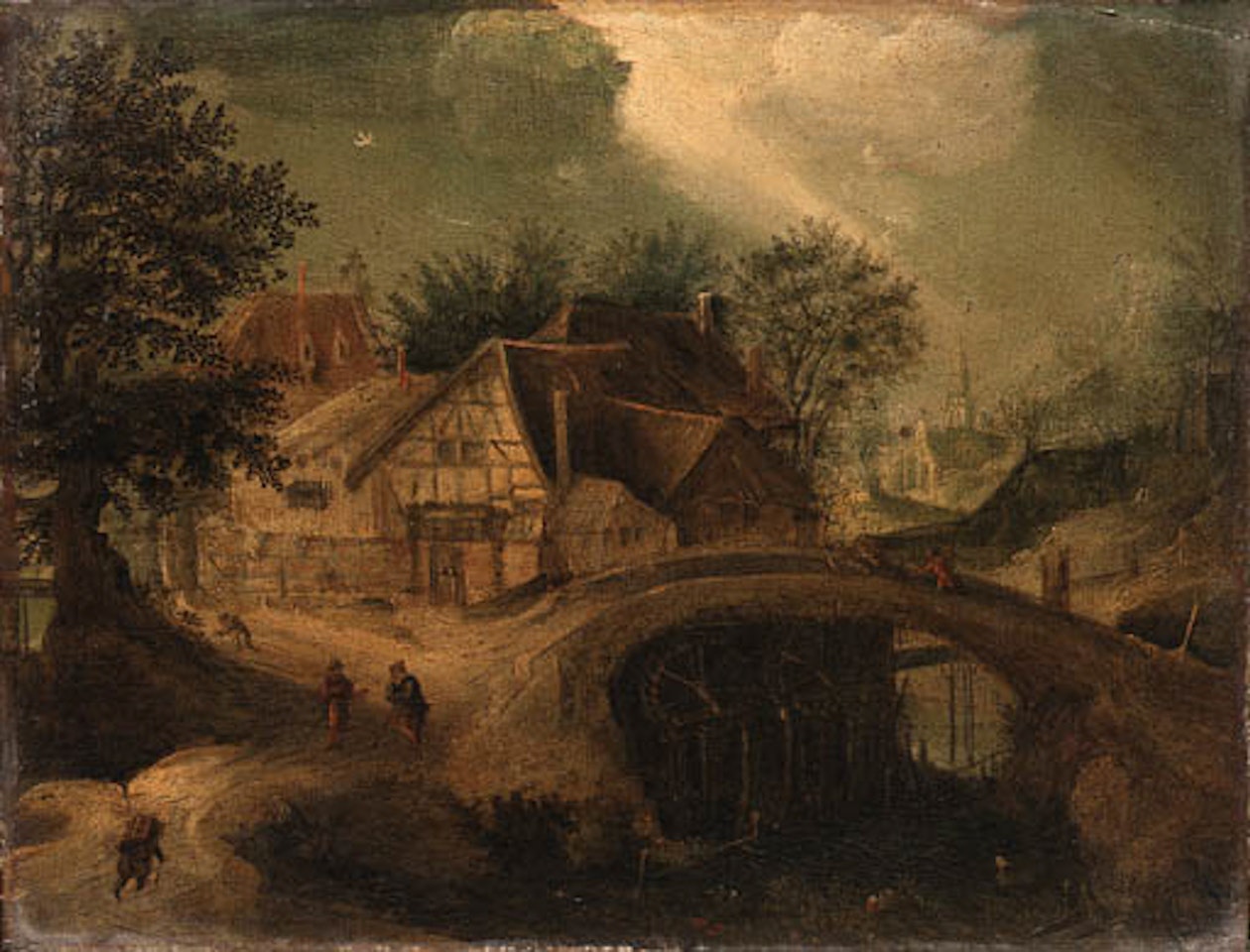 Townscape with travellers near bridge by Anton Mirou