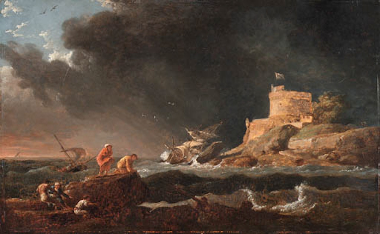 Shipwreck along stormy coastline by Claude Joseph Vernet