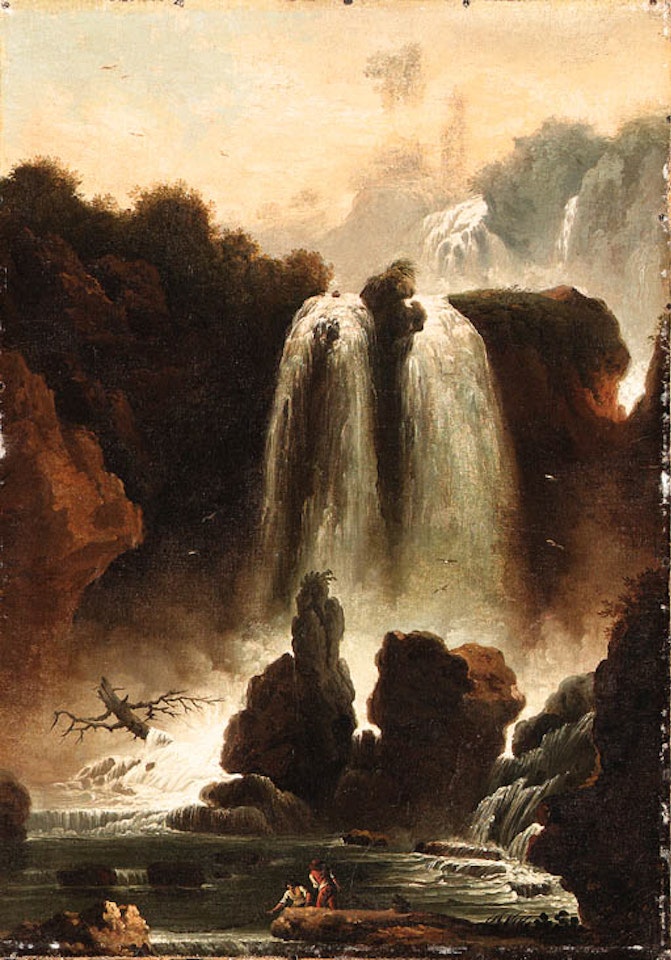Waterfall with fishermen in foreground by Claude Joseph Vernet