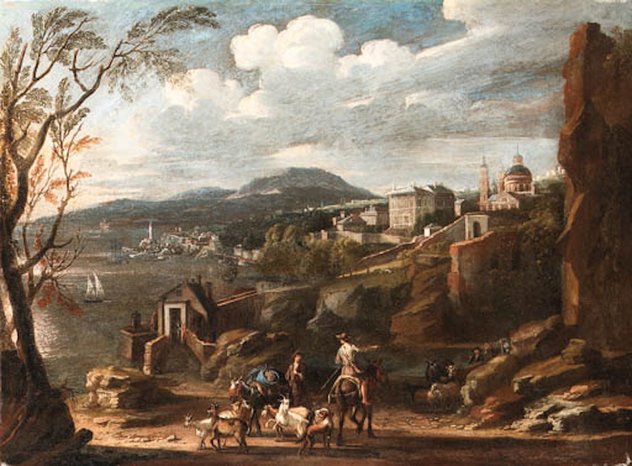 Italianate coastal landscape with travellers conversing on path, town beyond by Italian School