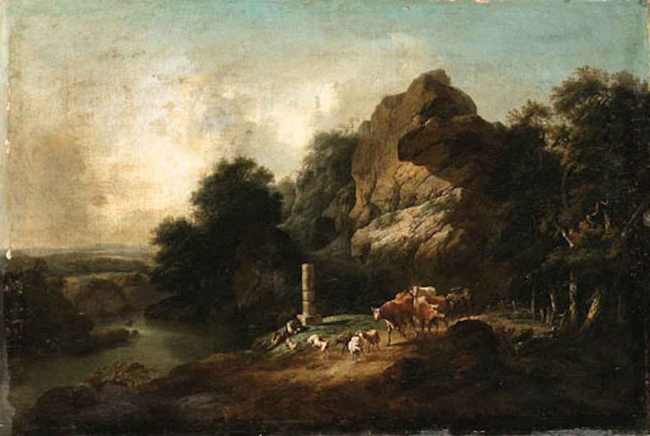 Landscape with shepherd resting on riverbank by English School