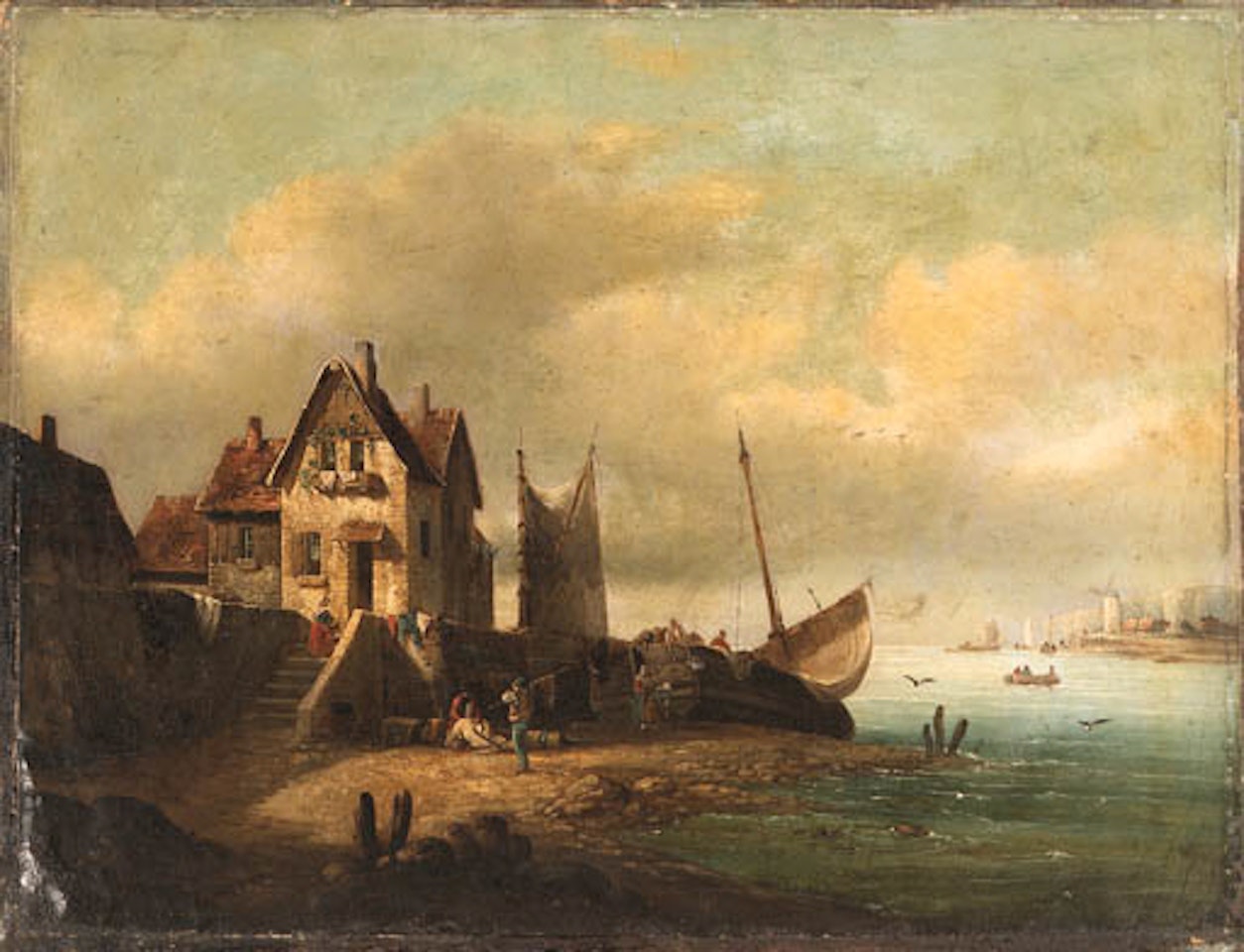Fishermen resting by quay, cliffs beyond by English School