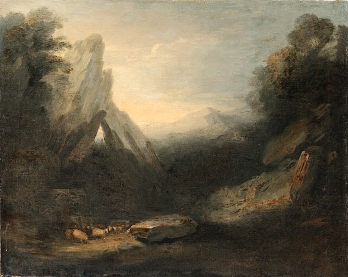 Twilight landscape with sheep by river in gorge by Thomas Gainsborough