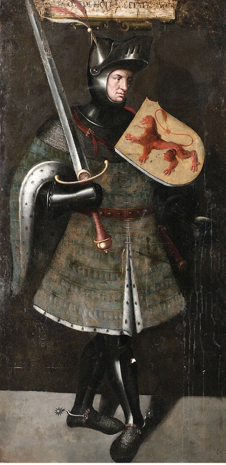 Knight, full length, holding sword and shield by Flemish School