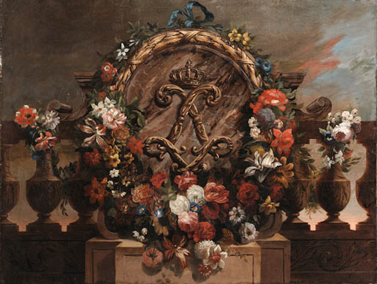 Flowers surrounding sculpted cartouche bearing French Royal insignia by Jean Baptiste Monnoyer