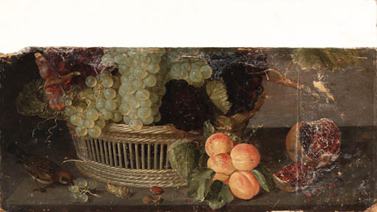 Grapes in wicker basket with peaches, pomegranate acorn and wren on ledge by Isaak Soreau