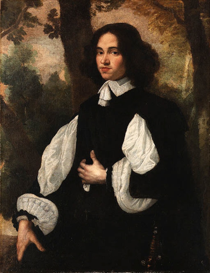 Portrait of gentleman, standing, wearing black costume in landscape by Pier Francesco Cittadini