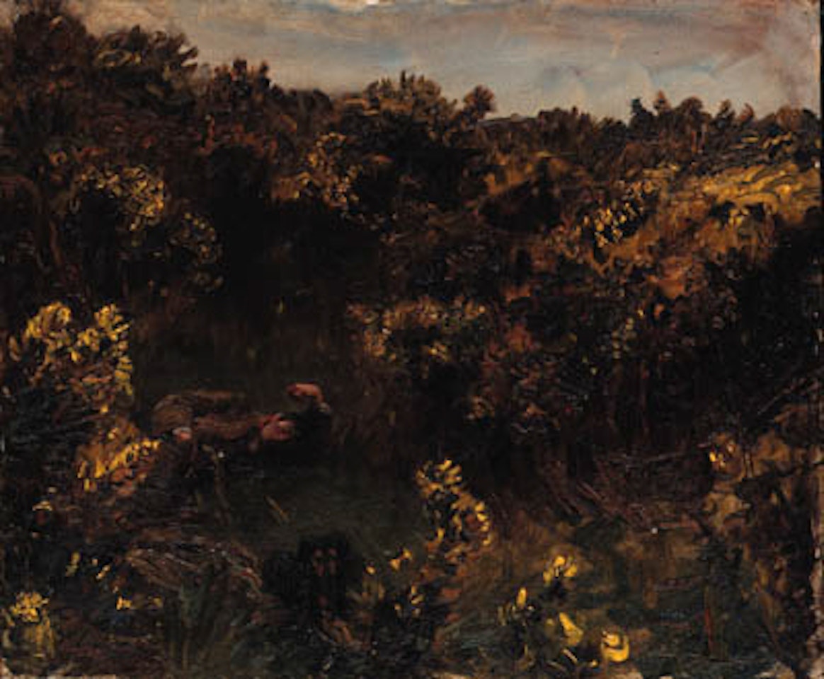 Shrimp and his dog resting in the gorse on Ringland hills by Alfred James Munnings
