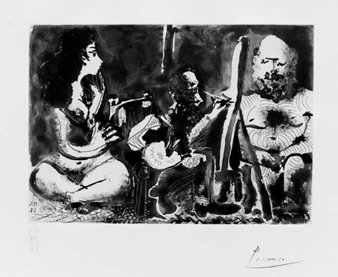 Peintre au travail avec modele barbu et une spectatrice assise en tailleur by Pablo Picasso