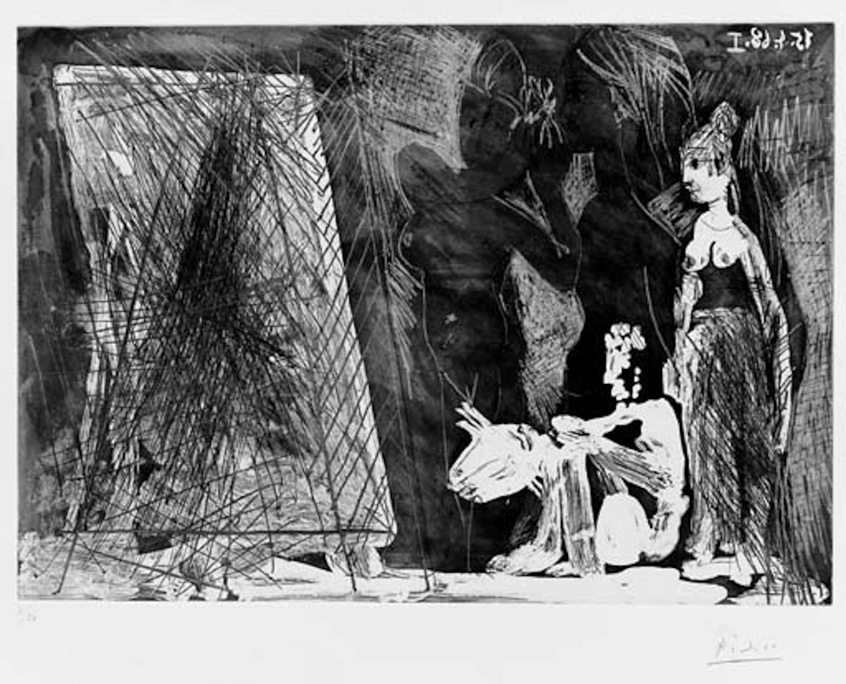 Peintre devant sa toile, avec un modele, pensant a son sujet: deux femmes by Pablo Picasso