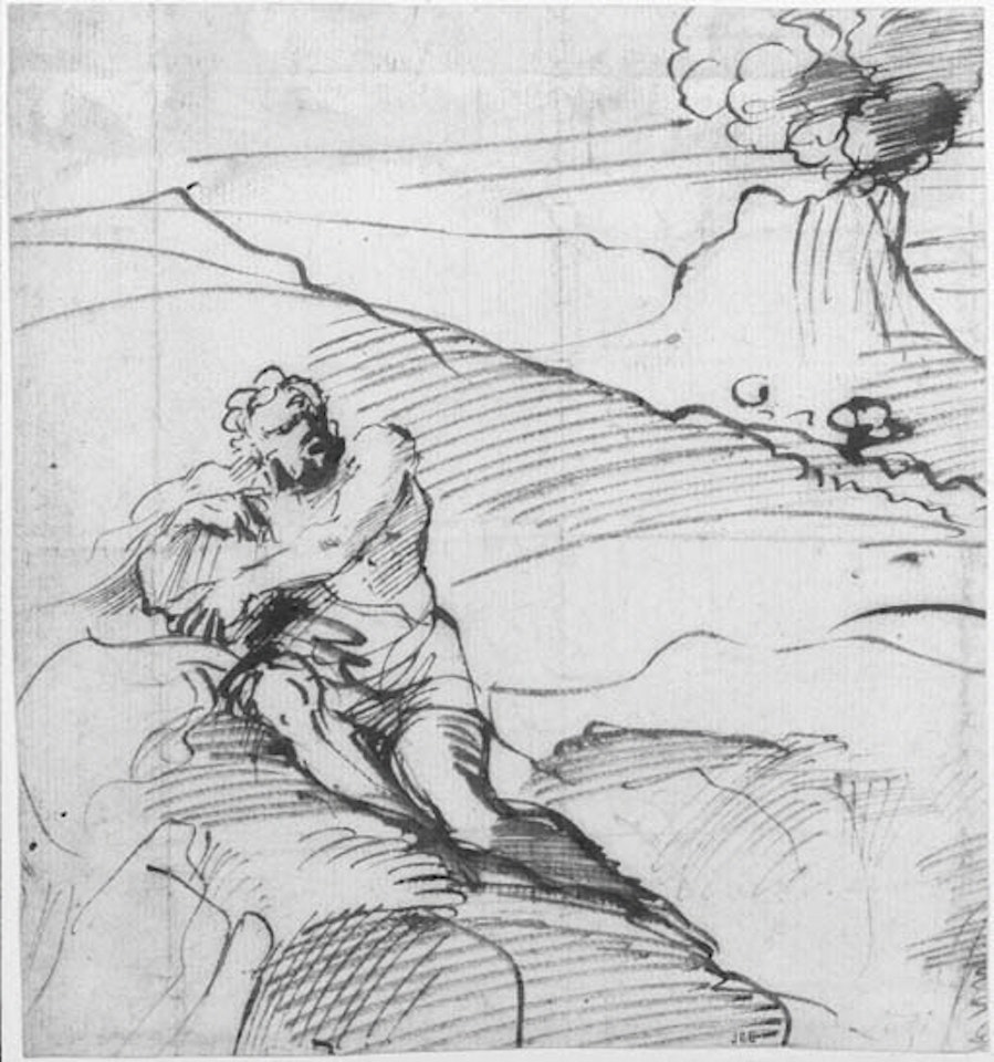 Polyphemus sitting on mountain in landscape by Pier Francesco Mola
