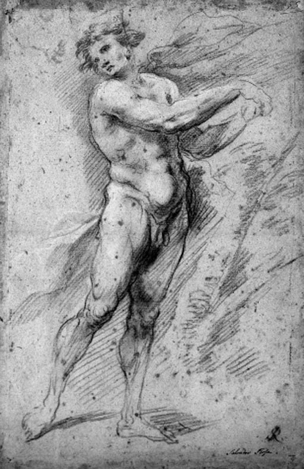 Nude turned to left, hands tied to a tree by Salvator Rosa