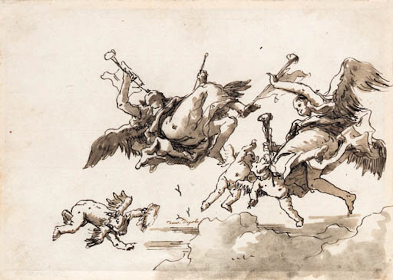 Angels in flight blowing trumpets by Giovanni Battista Tiepolo