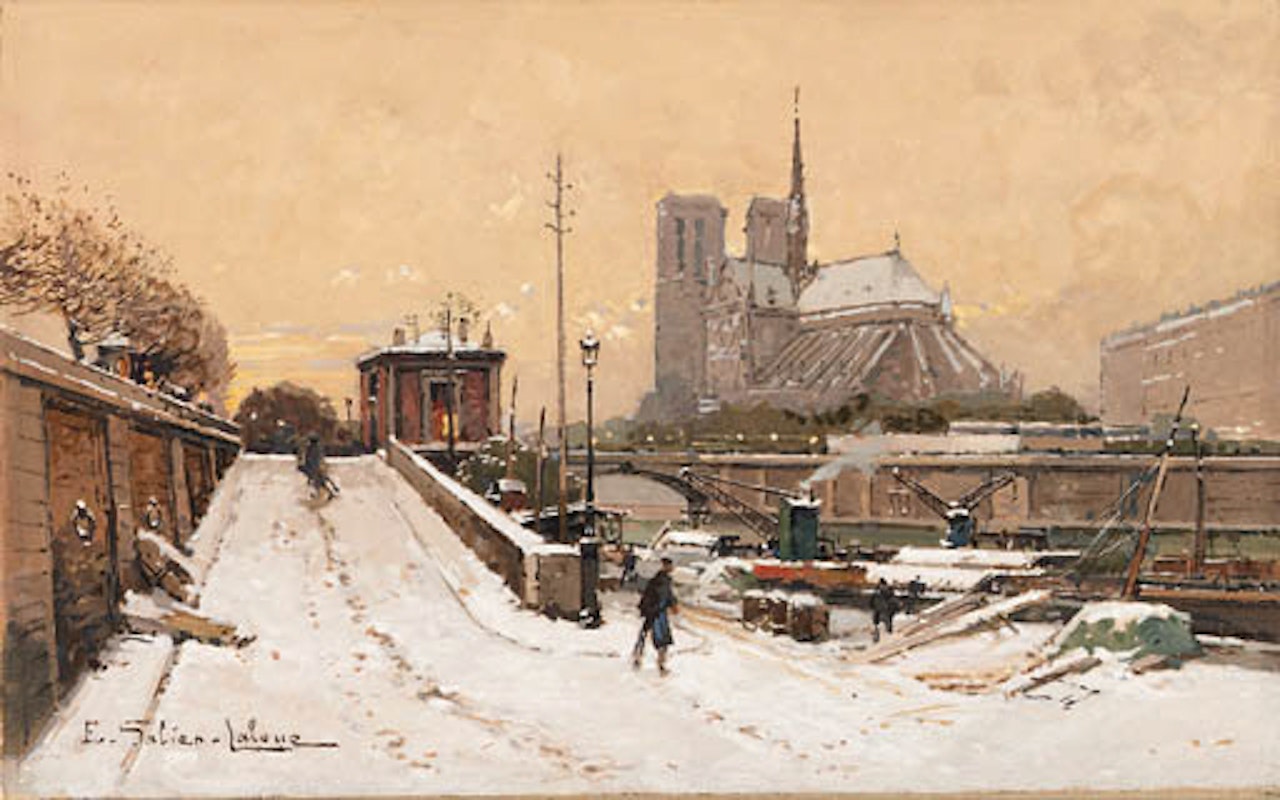 Barges in winter on Seine with view of Notre Dame by Eugene Galien-Laloue