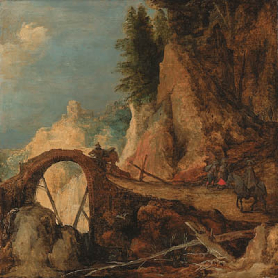 Mountain landscape with travellers approaching bridge by Joos de Momper the Younger